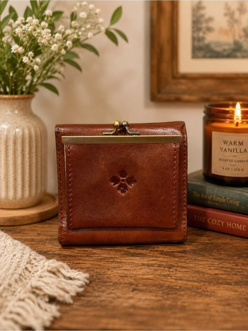 Patricia Nash Kiss-Lock Brown Leather Reiti Trifold Wallet RFID